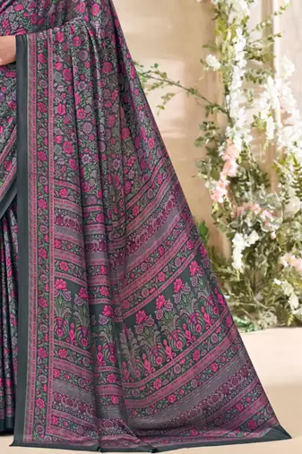 Grey with multicolor floral print crepe silk fancy saree with unstitched blouse for women's wear