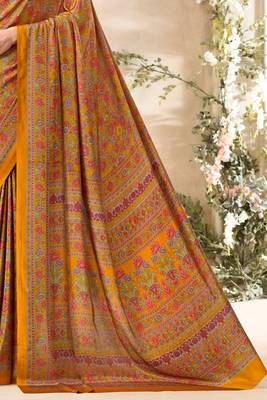 Mustard floral print crepe silk fancy saree with unstitched blouse for women's wear 3