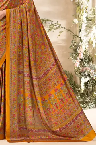 Mustard floral print crepe silk fancy saree with unstitched blouse for women's wear
