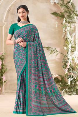Green floral print crepe silk fancy saree with unstitched blouse for women's wear 1