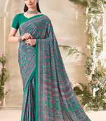 Green floral print crepe silk fancy saree with unstitched blouse for women's wear