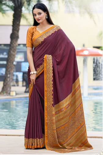 Wine digital printed crepe silk paisley traditional saree with unstitched blouse