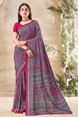 Pink floral print crepe silk fancy saree with unstitched blouse for women's wear 1