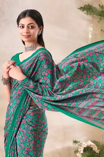 Green floral print crepe silk fancy saree with unstitched blouse for women's wear