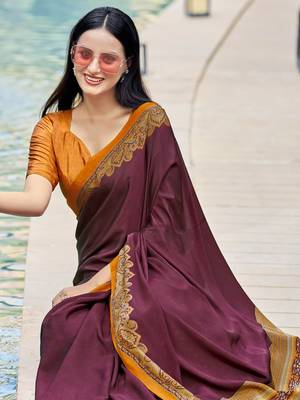 Wine digital printed crepe silk paisley traditional saree with unstitched blouse 2