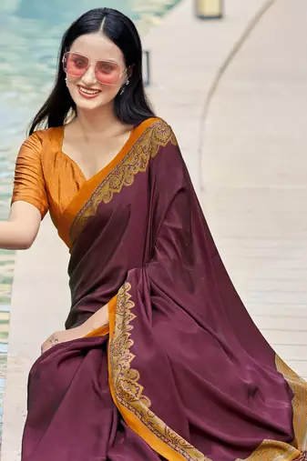 Wine digital printed crepe silk paisley traditional saree with unstitched blouse