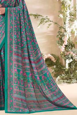 Green floral print crepe silk fancy saree with unstitched blouse for women's wear 3