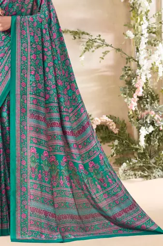 Green floral print crepe silk fancy saree with unstitched blouse for women's wear