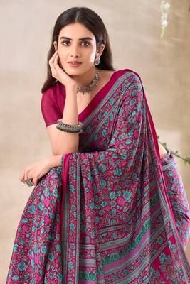 Pink floral print crepe silk fancy saree with unstitched blouse for women's wear 2
