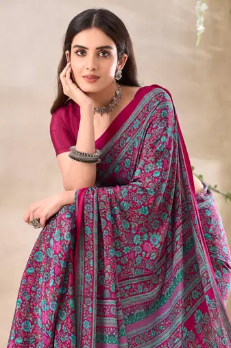 Pink floral print crepe silk fancy saree with unstitched blouse for women's wear