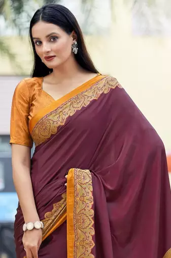 Wine digital printed crepe silk paisley traditional saree with unstitched blouse