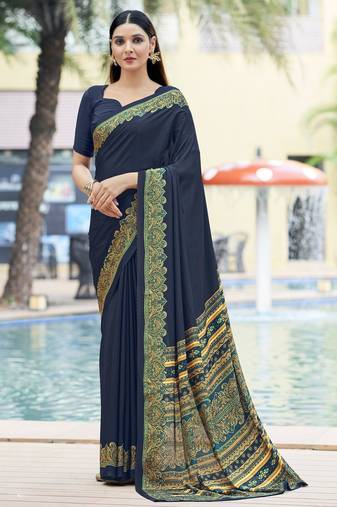 Navy blue digital printed crepe silk paisley traditional saree with unstitched blouse
