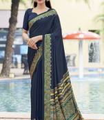 Navy blue digital printed crepe silk paisley traditional saree with unstitched blouse
