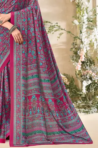Pink floral print crepe silk fancy saree with unstitched blouse for women's wear