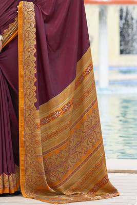 Wine digital printed crepe silk paisley traditional saree with unstitched blouse 4