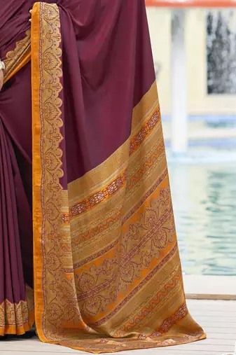 Wine digital printed crepe silk paisley traditional saree with unstitched blouse