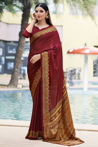 Maroon digital printed crepe silk paisley traditional saree with unstitched blouse
