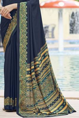 Navy blue digital printed crepe silk paisley traditional saree with unstitched blouse 3