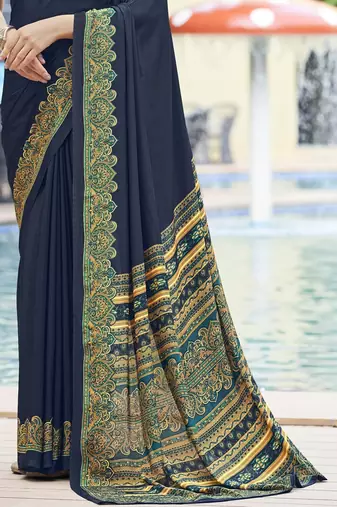Navy blue digital printed crepe silk paisley traditional saree with unstitched blouse