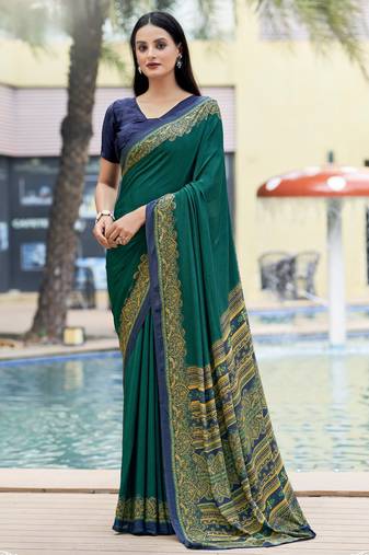 Green digital printed crepe silk paisley traditional saree with unstitched blouse