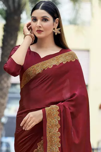 Maroon digital printed crepe silk paisley traditional saree with unstitched blouse