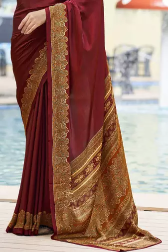 Maroon digital printed crepe silk paisley traditional saree with unstitched blouse
