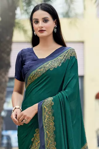 Green digital printed crepe silk paisley traditional saree with unstitched blouse