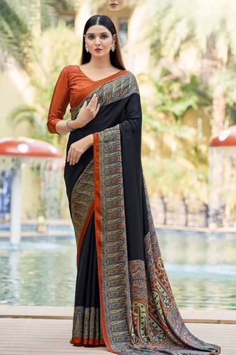 Black digital printed crepe silk paisley traditional saree with unstitched blouse