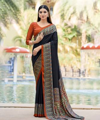 Black digital printed crepe silk paisley traditional saree with unstitched blouse 1