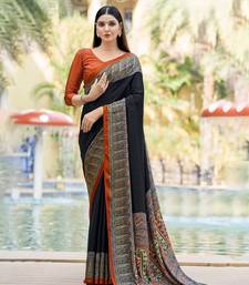 Black digital printed crepe silk paisley traditional saree with unstitched blouse