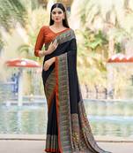 Black digital printed crepe silk paisley traditional saree with unstitched blouse