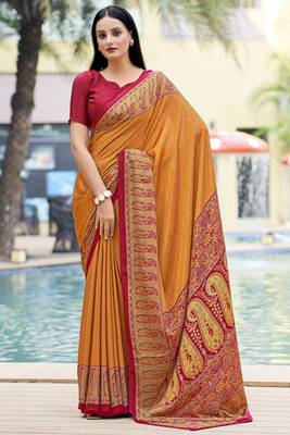 Yellow digital printed crepe silk paisley traditional saree with unstitched blouse 1