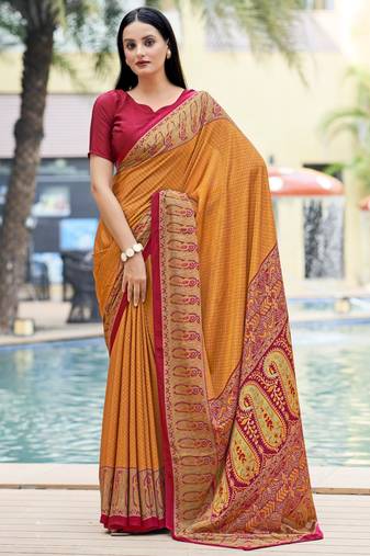 Yellow digital printed crepe silk paisley traditional saree with unstitched blouse