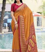 Yellow digital printed crepe silk paisley traditional saree with unstitched blouse