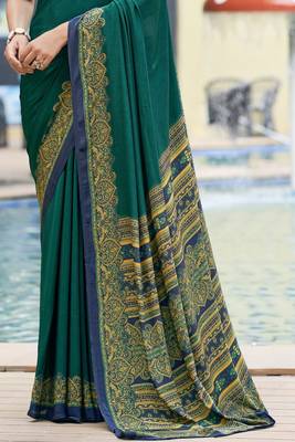 Green digital printed crepe silk paisley traditional saree with unstitched blouse 3
