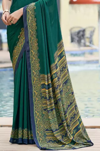 Green digital printed crepe silk paisley traditional saree with unstitched blouse