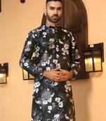 Floral printed wine mandarin collor silk blend kurta