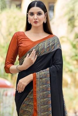 Black digital printed crepe silk paisley traditional saree with unstitched blouse 2