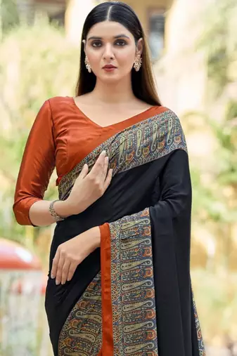 Black digital printed crepe silk paisley traditional saree with unstitched blouse