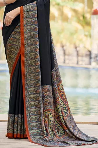 Black digital printed crepe silk paisley traditional saree with unstitched blouse