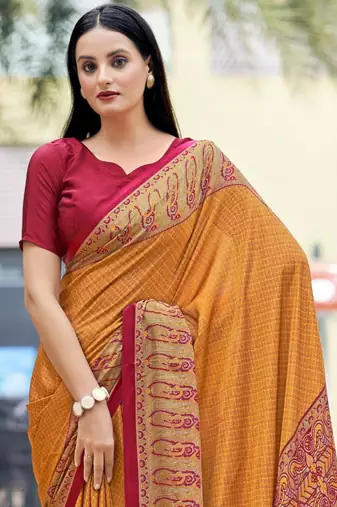 Yellow digital printed crepe silk paisley traditional saree with unstitched blouse