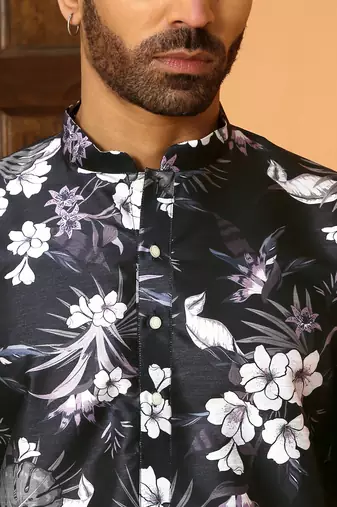 Floral printed wine mandarin collor silk blend kurta