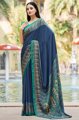 Blue digital printed crepe silk paisley traditional saree with unstitched blouse