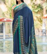 Blue digital printed crepe silk paisley traditional saree with unstitched blouse