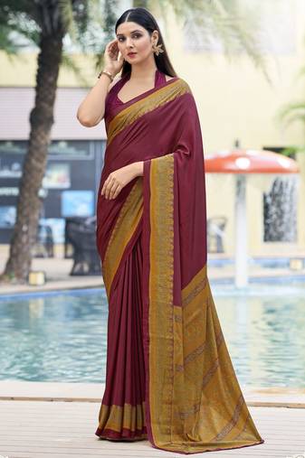 Wine digital printed crepe silk paisley traditional saree with unstitched blouse