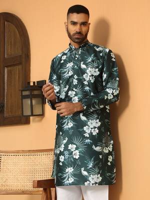 Floral printed green mandarin collor silk blend kurta 1