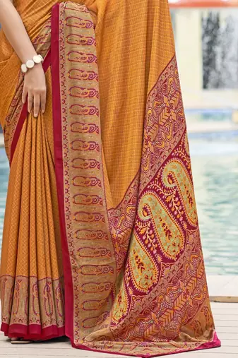 Yellow digital printed crepe silk paisley traditional saree with unstitched blouse