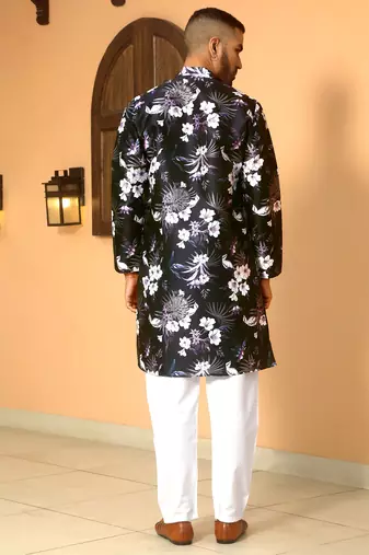 Floral printed wine mandarin collor silk blend kurta