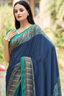 Blue digital printed crepe silk paisley traditional saree with unstitched blouse 2