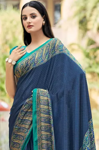 Blue digital printed crepe silk paisley traditional saree with unstitched blouse